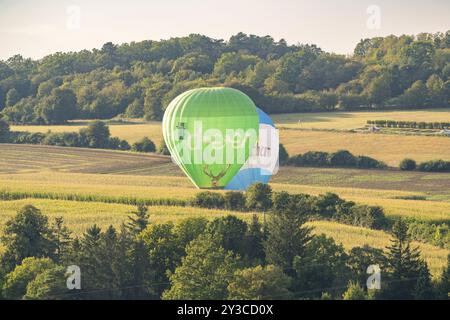 Due mongolfiere verdi e blu che si librano su un ampio campo con alberi sullo sfondo, Calw, Foresta Nera, Germania, Europa Foto Stock