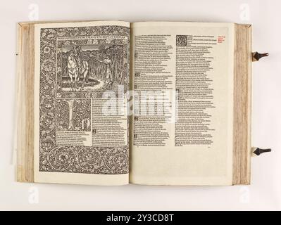 The Kelmscott Chaucer - le opere di Geoffrey Chaucer ora di nuova produzione, 1896. Gli artisti preraffaelliti Edward Burne-Jones e William Morris condividevano l'amore per i libri medievali e la poesia. Collaborarono a "The Kelmscott Chaucer", un volume contenente gli scritti del poeta inglese Geoffrey Chaucer (1343-1400), e considerato da molti come il libro più bello mai stampato. Illustratore: Sir Edward Burne-Jones; Assistente: Douglas Cockerell; Editore: Kelmscott Press; Designer: William Morris; raccoglitore libri: TJ Cobden-Sanderson; Assistente: R Catterson-Smith; fotografo: Sir Emery Walker Foto Stock