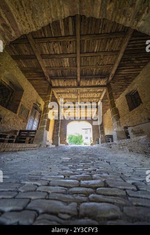 Vista interna di un ponte coperto con ciottoli e soffitto a travi di legno, montagne Harz, Germania, Europa Foto Stock