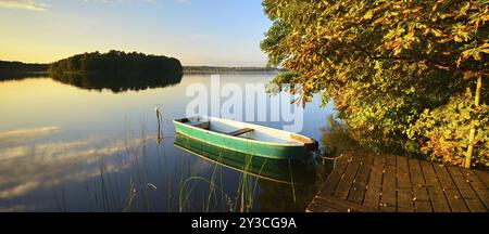 Lago tranquillo con molo e barca a remi la sera in autunno, ippocastano con foglie autunnali sulla riva, canne in acqua, Grosser Lychensee Foto Stock