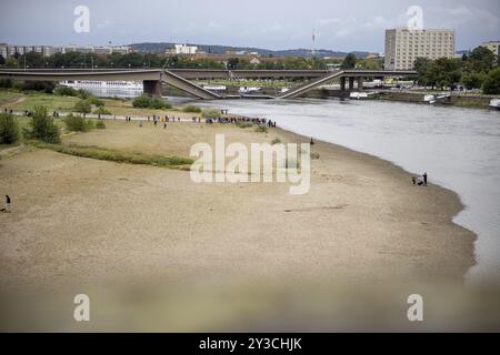 Crollo parziale del Ponte Carola a Dresda, visto dal Koenigsufer, 11/09/2024 Foto Stock