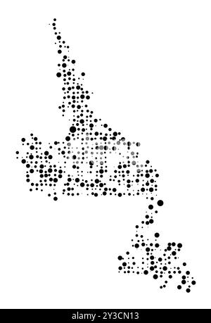 Mappa dei simboli della Provincia di Terranova e Labrador (Canada) che mostra il territorio con un modello di cerchi neri distribuiti casualmente di diverso tipo Illustrazione Vettoriale