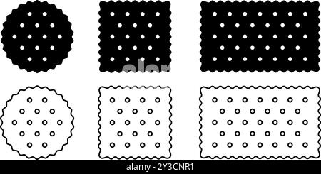 Set di icone intere del rompigranella. Biscotti dolci o salati in forma rotonda, quadrata e rettangolare. Spuntini croccanti popolari isolati su sfondo bianco. Dolcetti per bambini. Illustrazione grafica vettoriale. Illustrazione Vettoriale