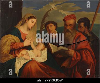 Maria con bambino, Santo Stefano, San Girolamo e San Maurizio, una copia dopo Tiziano Vecellio, 1849. Foto Stock