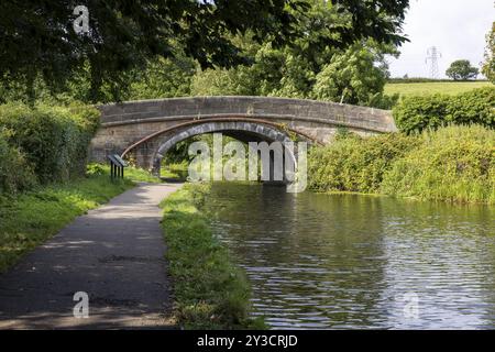 Stone Bridge 108, ponte ad arco in pietra sul canale di Lune e acquedotto, Lancashire, Inghilterra, Gran Bretagna Foto Stock