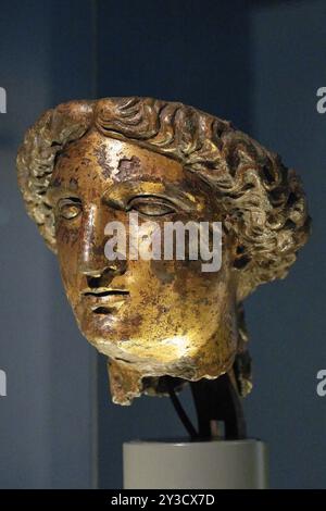 Vista interna, Dea Sulis Minerva Head, Temple Courtyard, The Roman Baths, Bath, Inghilterra, gran Bretagna Foto Stock