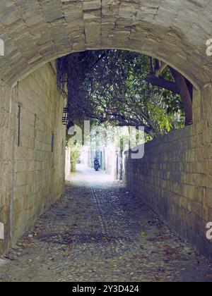 Tipica strada acciottolata della città di rodi con un arco di pietra e vecchi edifici Foto Stock