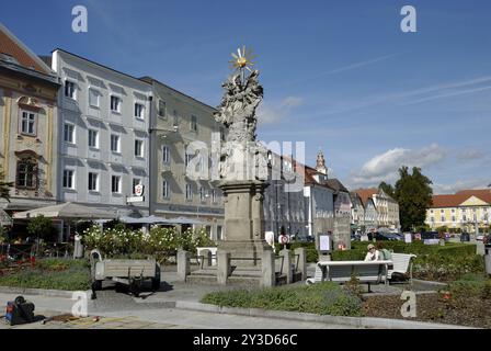 Colonna della Trinità sulla piazza della città, Eferding, alta Austria, Austria, Europa Foto Stock