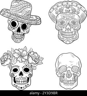 Set vettoriale di teschi di zucchero. Illustrazione di Cinco de Mayo disegnata a mano. Halloween Illustrazione Vettoriale