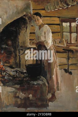 Woman Cooking Whitefish; Woman Grilling fish, 1886. Foto Stock