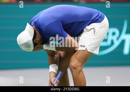 Bologna, Italia. 13 settembre 2024. Matteo Berrettini festeggia per la vittoria della finale 8 di Coppa Davis di tennis tra Matteo Berrettini (Italia) e Alexander Blockx (Belgio) presso l'arena Unipol, Casalecchio (Bologna), Bologna, Italia settentrionale, venerdì, 13 settembre 2024. Sport - Tennis - (foto Michele Nucci credito: LaPresse/Alamy Live News Foto Stock