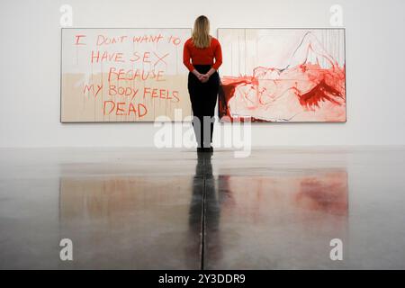 EMBARGO FINO AL 16-09-24. Anteprima stampa: Tracey Emin, ti ho seguito fino alla fine, White Cube Bermondsey, Londra, Regno Unito. 13 settembre 2024. Tracey Emin torna a White Cube Bermondsey con la sua mostra personale, "i follow you to the end", una presentazione di nuovi dipinti e sculture che viaggiano attraverso l'amore e la perdita, la mortalità e la rinascita. My Dead Body – A Trace of Life 2024 acrilico su tela crediti: Matthew Chattle/Alamy Live News Foto Stock