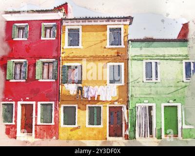 Immagine ad acquerello di una fila di case colorate dipinte a Burano Venezia Foto Stock