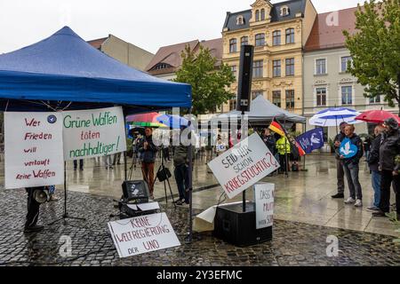 Cottbus, Germania. 13 settembre 2024. I manifestanti stanno sul Cottbus Altmarkt durante una campagna elettorale del ministro degli Esteri federale Baerbock. Tra questi c'è il membro dell'AfD del parlamento statale Lars Schieske (terzo da destra). Crediti: Frank Hammerschmidt/dpa/Alamy Live News Foto Stock