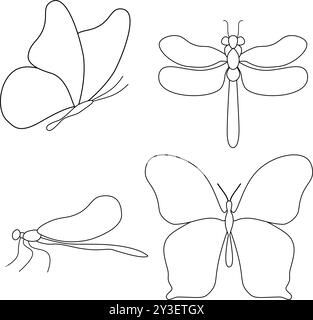 Set di libellule e farfalle stilizzate. Collezione di libellule volanti lineari e farfalle. Illustrazione vettoriale di su sfondo bianco. Illustrazione Vettoriale