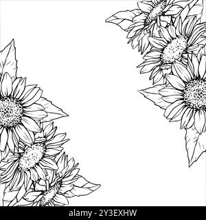 Telaio girasole. Disegno con disposizione del fiore vettoriale in stile disegno della linea. Illustrazione botanica di camomilla dipinta da inchiostri neri. Bouquet disegnato a mano di Illustrazione Vettoriale