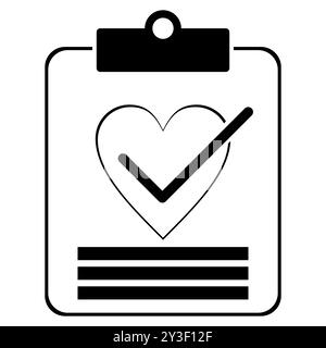 Appunti con cuore. Icona test di salute e servizi medici. Assicurazione medica. Cartella clinica. Diagnosi medica. Controllo del paziente in laboratorio. Illustrazione Vettoriale
