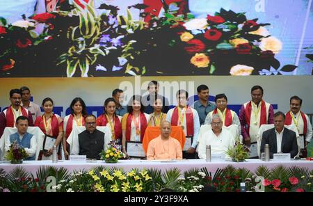 Lucknow, India. 13 settembre 2024. LUCKNOW, INDIA - 13 SETTEMBRE: Uttar Pradesh, primo ministro Yogi Adityanath con il vice cm Brajesh Pathak e altri durante la cerimonia del 4 ° giorno della fondazione del Dr. RAM Manohar Lohia Institute of Medical Sciences presso Indira Gandhi Pratishthan, il 13 settembre 2024 a Lucknow, India. (Foto di Deepak Gupta/Hindustan Times/Sipa USA ) credito: SIPA USA/Alamy Live News Foto Stock