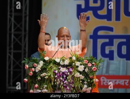 Lucknow, India. 13 settembre 2024. LUCKNOW, INDIA - 13 SETTEMBRE: Uttar Pradesh, primo ministro Yogi Adityanath con il vice cm Brajesh Pathak e altri durante la cerimonia del 4 ° giorno della fondazione del Dr. RAM Manohar Lohia Institute of Medical Sciences presso Indira Gandhi Pratishthan, il 13 settembre 2024 a Lucknow, India. (Foto di Deepak Gupta/Hindustan Times/Sipa USA ) credito: SIPA USA/Alamy Live News Foto Stock