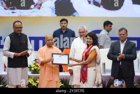 Lucknow, India. 13 settembre 2024. LUCKNOW, INDIA - 13 SETTEMBRE: Uttar Pradesh, primo ministro Yogi Adityanath con il vice cm Brajesh Pathak e altri durante la cerimonia del 4 ° giorno della fondazione del Dr. RAM Manohar Lohia Institute of Medical Sciences presso Indira Gandhi Pratishthan, il 13 settembre 2024 a Lucknow, India. (Foto di Deepak Gupta/Hindustan Times/Sipa USA ) credito: SIPA USA/Alamy Live News Foto Stock