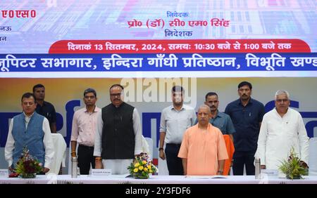 Lucknow, India. 13 settembre 2024. LUCKNOW, INDIA - 13 SETTEMBRE: Uttar Pradesh, primo ministro Yogi Adityanath con il vice cm Brajesh Pathak e altri durante la cerimonia del 4 ° giorno della fondazione del Dr. RAM Manohar Lohia Institute of Medical Sciences presso Indira Gandhi Pratishthan, il 13 settembre 2024 a Lucknow, India. (Foto di Deepak Gupta/Hindustan Times/Sipa USA ) credito: SIPA USA/Alamy Live News Foto Stock