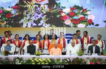 Lucknow, India. 13 settembre 2024. LUCKNOW, INDIA - 13 SETTEMBRE: Uttar Pradesh, primo ministro Yogi Adityanath con il vice cm Brajesh Pathak e altri durante la cerimonia del 4 ° giorno della fondazione del Dr. RAM Manohar Lohia Institute of Medical Sciences presso Indira Gandhi Pratishthan, il 13 settembre 2024 a Lucknow, India. (Foto di Deepak Gupta/Hindustan Times/Sipa USA ) credito: SIPA USA/Alamy Live News Foto Stock