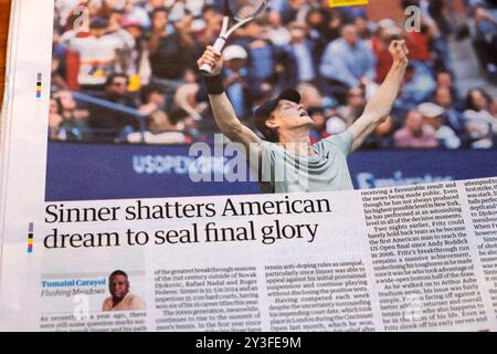 Il tennista italiano Jannik "Sinner distrugge il sogno americano di sigillare la gloria finale" testata del quotidiano The Guardian US Open article 8 settembre 2024 Londra Foto Stock