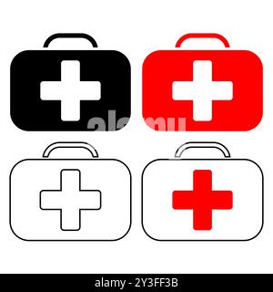 Set icone kit di pronto soccorso. Scatola medica con croce. Attrezzature mediche di emergenza. Concetto di assistenza sanitaria. Kit di emergenza per auto mediche. Attrezzature mediche di emergenza Illustrazione Vettoriale