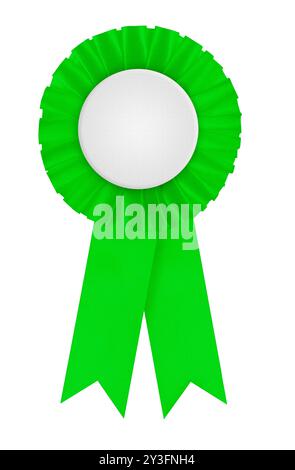 Rosetta - nastro premio dei vincitori di smeraldo. Design circolare a pieghe con centro bianco vuoto per posizionare il design. Fotografato isolato su sfondo bianco Foto Stock