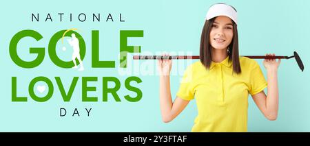 Golfista femminile su sfondo azzurro. Banner per il National Golf Lovers Day Foto Stock