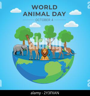 Poster della giornata mondiale degli animali, vivace illustrazione della fauna selvatica con Leone, elefante, giraffa, cervi e canguro, che celebra la conservazione globale degli animali Illustrazione Vettoriale