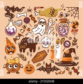 Una vivace e colorata collezione grafica a tema Halloween con una varietà di fantasmi, pipistrelli, pozioni e molto altro ancora Illustrazione Vettoriale