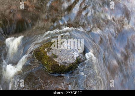 Acqua che scorre veloce circa un sasso più audace, il fiume Tawe, Galles del Sud. Foto Stock