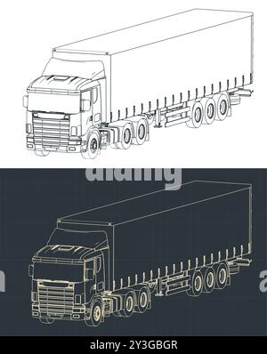 Illustrazioni vettoriali stilizzate di progetti isometrici di un semirimorchio Illustrazione Vettoriale