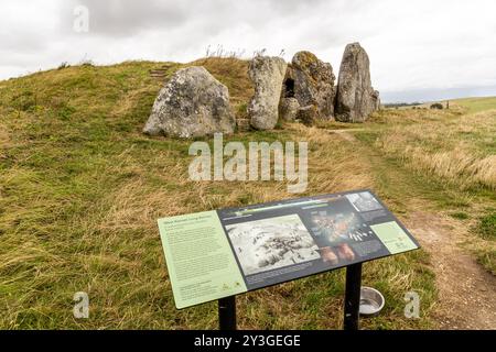 Avebury, Regno Unito - 25 agosto 2024: Ingresso e cartello informativo per l'antica camera funeraria del monumento di West Kennet Long Barrow vicino ad Avebury nel Wiltshire Foto Stock