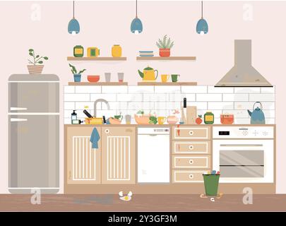 L'interno di una cucina sporca e disordinata con piatti e mobili sporchi. Cucina prima di riordinare e pulire. Illustrazione Vettoriale