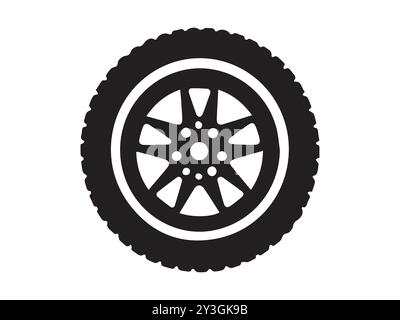 Silhouette nera di uno pneumatico per auto su sfondo bianco. Concetto di manutenzione del veicolo, design delle ruote, illustrazione automobilistica, elemento di trasporto. Illustrazione Vettoriale