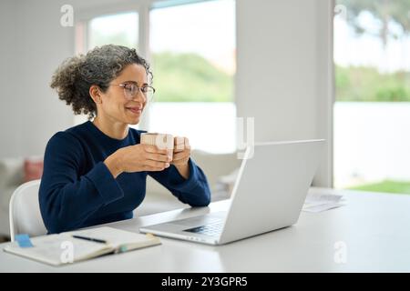 Donna matura felice seduta a casa a tavola bevendo un caffè guardando un notebook. Foto Stock