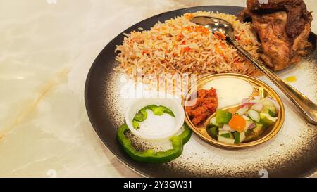 Riso Kebuli (nasi kebuli) primo piano del cibo arabo sulla tavola con uno spazio vuoto accanto ad esso, angolo superiore 45 degreesa Foto Stock