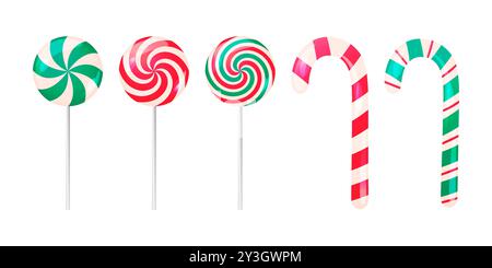 Caramelle natalizie, canna da zucchero e set vettoriale di lecca-lecca. Illustrazioni isolate delle tradizionali caramelle a righe, dolci natalizi invernali Illustrazione Vettoriale