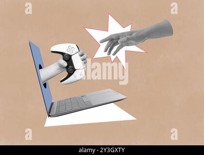 La mano dell'uomo si avvicina alla mano della donna con il gamepad che fuoriesce dallo schermo del notebook su sfondo colorato. Collage artistico creativo Foto Stock