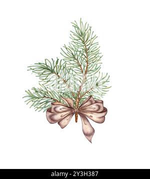 Rami di abete con aghi verdi e un fiocco marrone, illustrazione ad acquerello del nastro in raso. Piante forestali per decorazioni invernali e natalizie. Isolato da Foto Stock