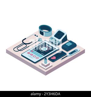 Apparecchiature di telemedicina isometrica, tra cui smartphone, smartwatch, stetoscopio e Digital Health monitor, telemedicina e telemedicina e telemedicina Illustrazione Vettoriale