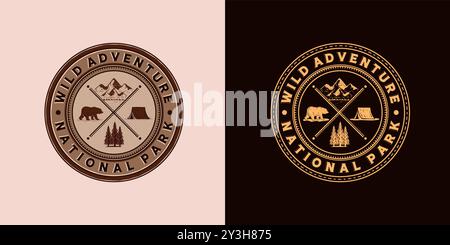 Disegno illustrativo con logo Outdoor Camp Adventure. Esclusivo logo Adventure in stile vintage. Emblema da campeggio all'aperto con logo in stile vintage. Illustrazione Vettoriale