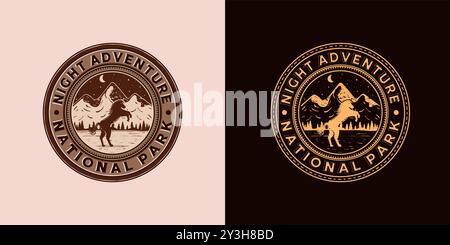 Disegno illustrativo con logo Outdoor Camp Adventure. Esclusivo logo Adventure in stile vintage. Emblema da campeggio all'aperto con logo in stile vintage. Illustrazione Vettoriale