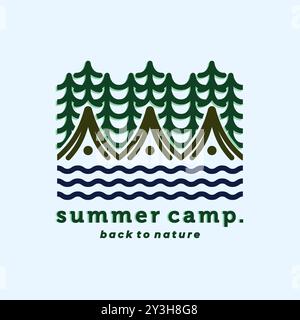 Disegno illustrativo vettoriale logo campeggio. Disegno del logo di un campo all'aperto o di un campo estivo. Design con logo Creative Camp semplice e moderno. Illustrazione Vettoriale