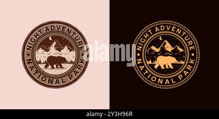 Disegno illustrativo vettoriale con logo Outdoor Adventure. Esclusivo logo Adventure in stile vintage. Emblema vintage Old Style of Night Adventure con logo. Illustrazione Vettoriale