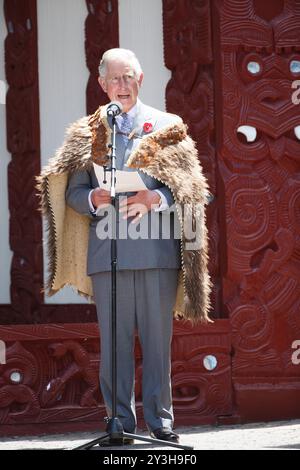 Il principe Carlo, principe di Galles, fa un discorso a Turangawaewae Marae indossando un mantello maori "Korowai" fatto di piume kiwi che sua madre la regina Elisabetta indossava al marae nel 1953, Hamilton, nuova Zelanda, domenica 8 novembre, 2015. Foto Stock