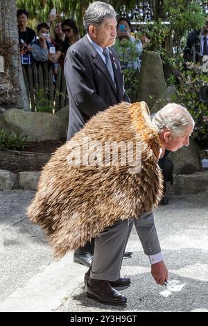 Indossando mantelli Maori, il principe Carlo, principe di Galles prende un Taki mentre lui e Camilla, duchessa di Cornovaglia ricevono un benvenuto cerimoniale "Powhiri" Maori al loro arrivo a Turangawaewae Marae, Hamilton, nuova Zelanda domenica 8 novembre 2015. Foto Stock