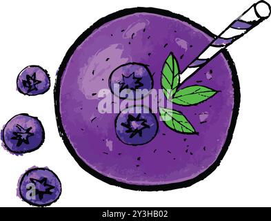 mirtillo liscio disegnato a mano e colorato, illustrazione del mirtillo liscio in una vista dall'alto in vetro Illustrazione Vettoriale